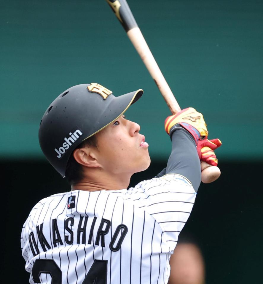 ３回、右犠飛を放って追加点を挙げる岡城（撮影・立川洋一郎）