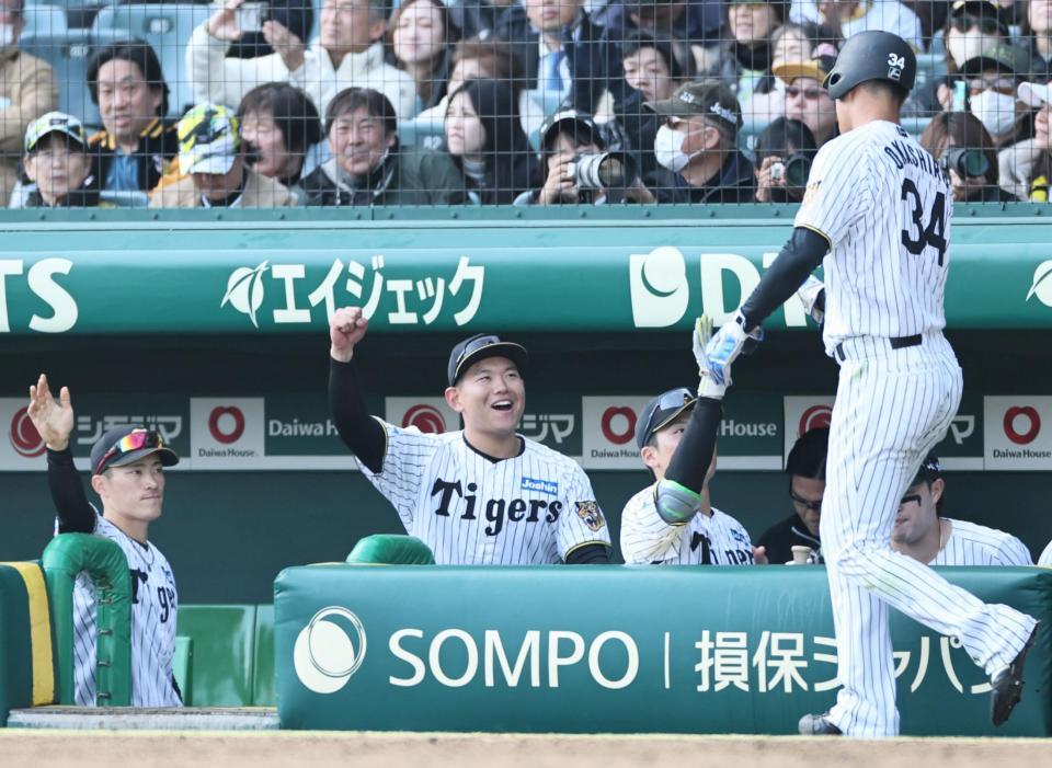 適時打を放った岡城を迎える嶋村（中央）＝撮影・田中太一