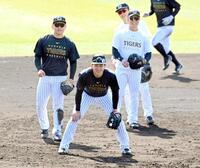 　捕手陣に交じってノックを受ける立石（撮影・高部洋祐）