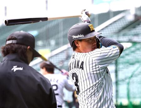 打撃練習でバットを振り込む大山（撮影・山口登）