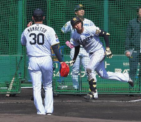 シート打撃で門別（左）から左翼へ大飛球を放つ立石（撮影・出月俊成）