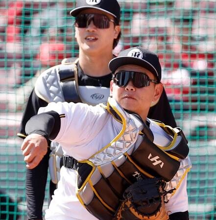 送球練習する嶋村（手前）＝撮影・西田忠信