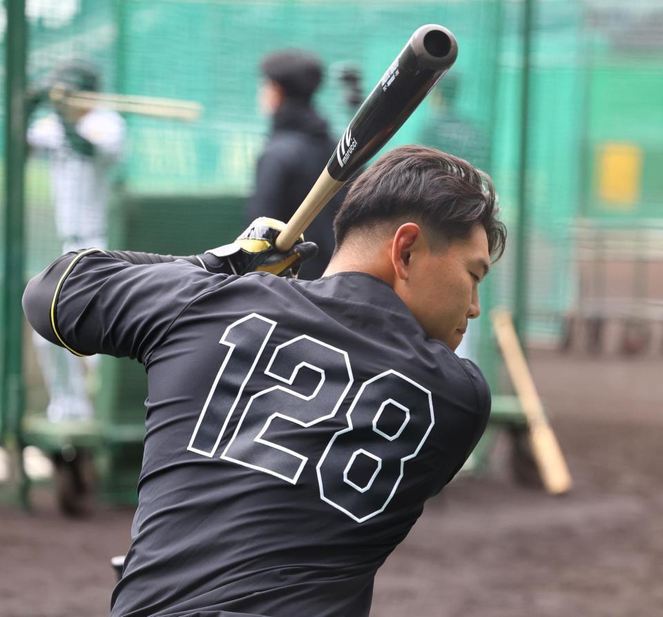 打撃練習でバットを振り込む嶋村（撮影・山口登）