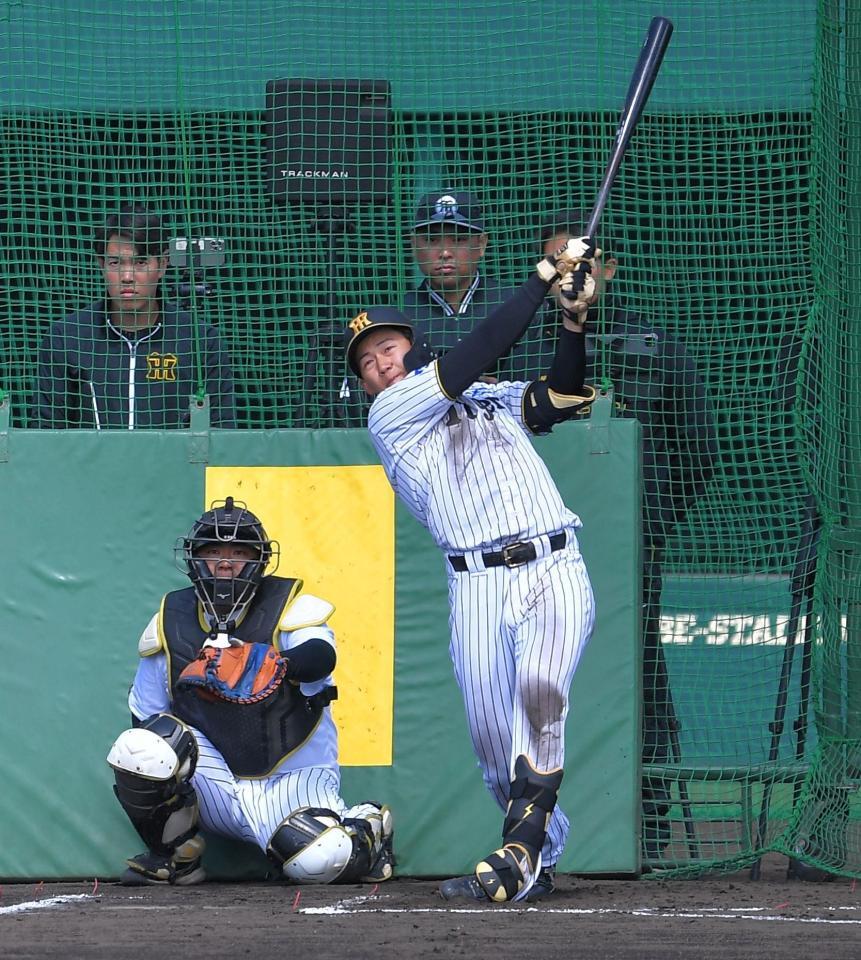 ライブＢＰで中越え弾を放つ立石（撮影・出月俊成）