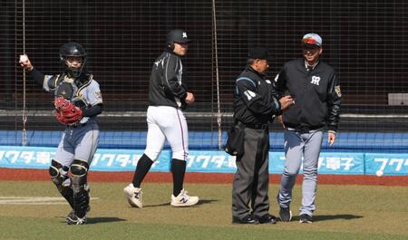 選手交代を告げる藤川監督。左は坂本（撮影・金田祐二）