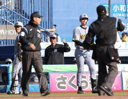 ９回、ディベイニーのリクエスト判定で確認をする藤川監督（撮影・佐々木彰尚）