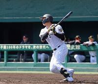 ２回、左前打を放つ立石（撮影・立川洋一郎）