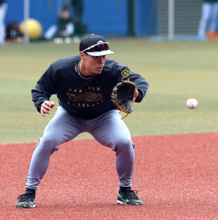 ノックを受ける佐藤輝（撮影・山口登）