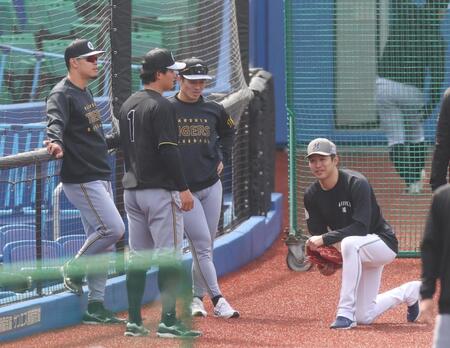 ロッテ・種市（右）と話す佐藤輝（左）、森下（左から２人目）、坂本（撮影・佐々木彰尚）