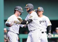 ３回、立石は左越えに本塁打を放ち、ホームでナインに迎えられる（撮影・坂部計介）