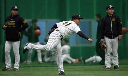 安藤コーチ（左）と江草投手コーチ（右）が見守る中、キャッチボールで調整する村上（撮影・西田忠信）