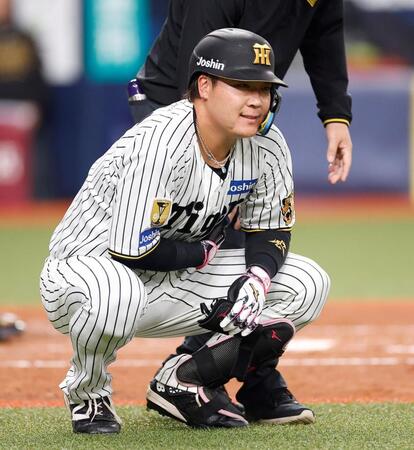 ４回、死球を受けしゃがみ込む大山（撮影・西田忠信）