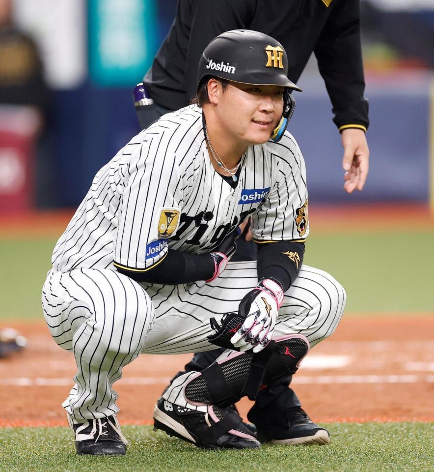 ４回、死球を受けしゃがみ込む大山（撮影・西田忠信）