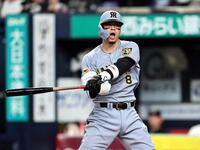 ６回、空振り三振に倒れる佐藤輝（撮影・田中太一）