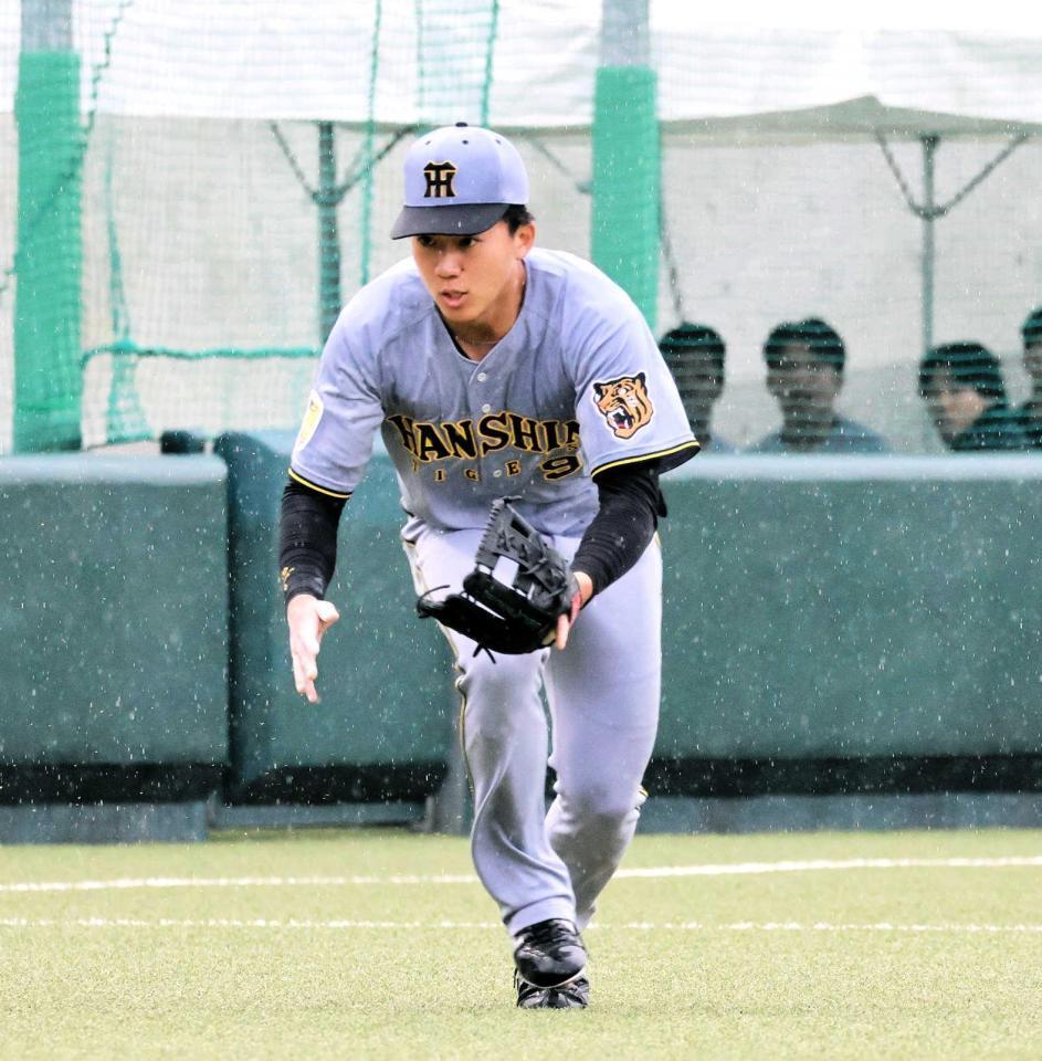 　４回、高橋の打球を軽快にさばく立石（撮影・藤丸紘生）