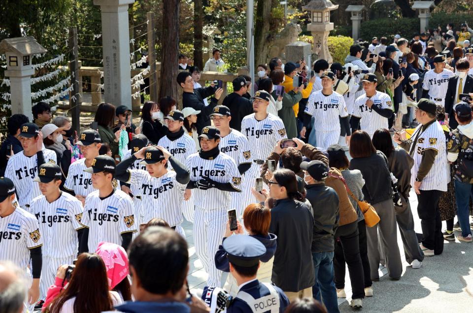 必勝祈願に向かう佐藤輝（中央）ら阪神ナイン（撮影・山口登）