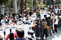 　必勝祈願に向かう佐藤輝（中央）ら阪神の選手たち