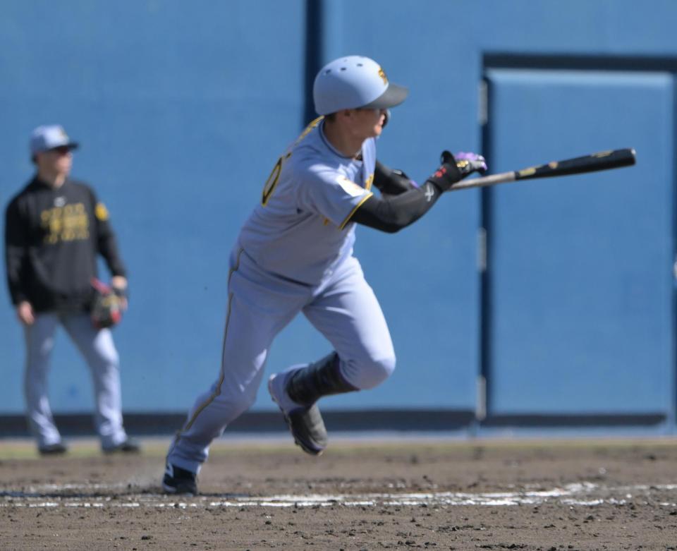 ５回、西純が左前に適時打を放つ（撮影・金居みつよし）