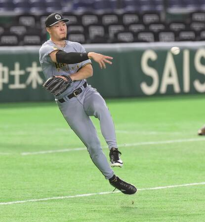 守備練習に励む佐藤輝（撮影・佐々木彰尚）