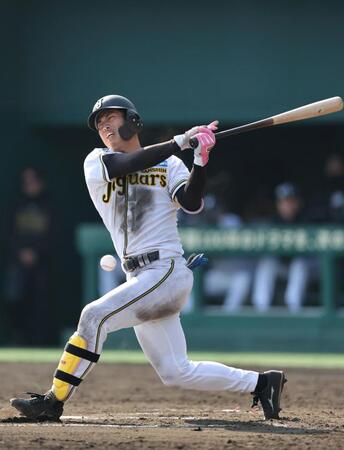 ６回、自打球を受ける百崎（撮影・山口登）