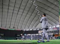 練習を見守る藤川監督（撮影・田中太一）