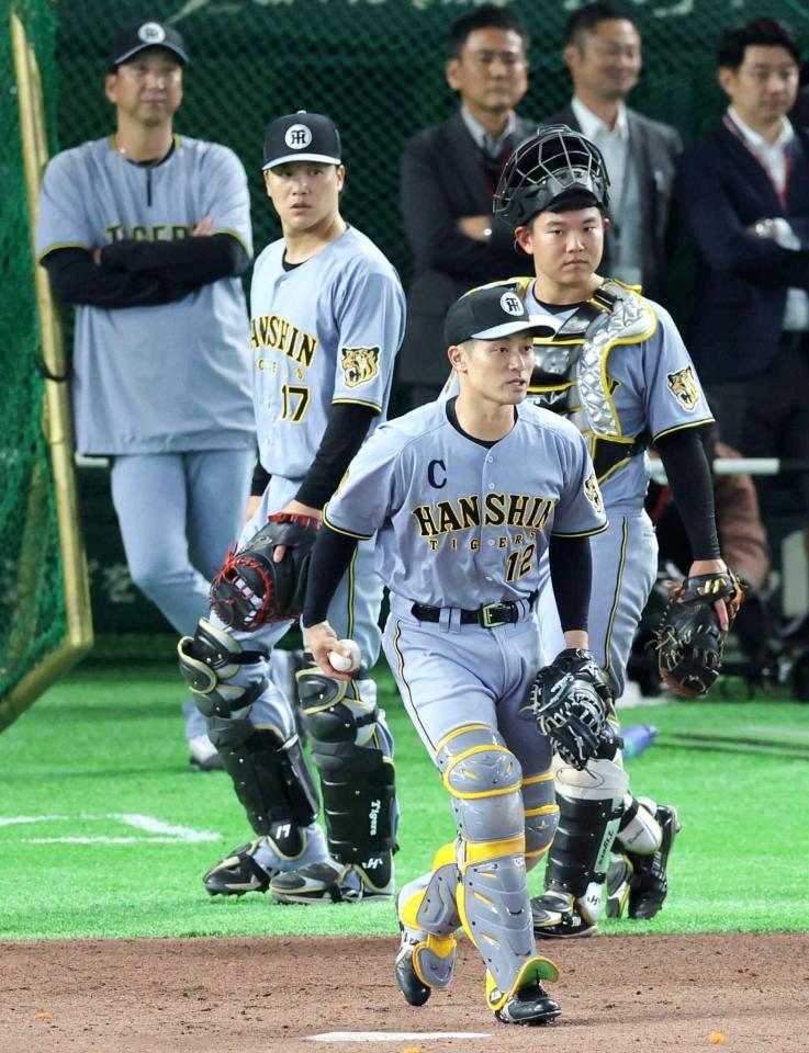 　藤川監督（左上）が見守る中、練習する（右から）嶋村、坂本、伏見