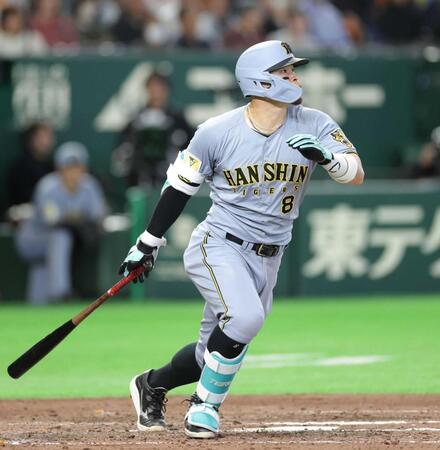 　８回、右前適時打を放つ佐藤輝（撮影・西岡正）