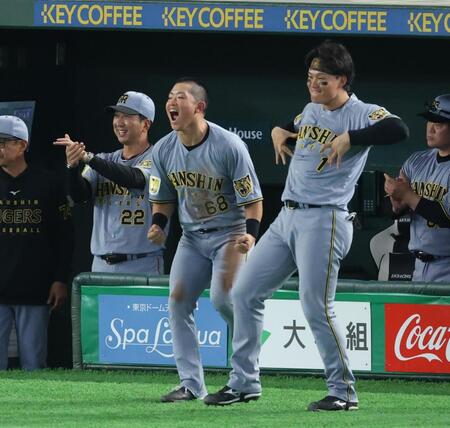 ８回、木浪の勝ち越し適時内野安打で喜ぶ藤川監督、中川、森下（撮影・金田祐二）