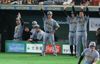 ３回、２点二塁打で喜ぶ藤川監督ら（撮影・金田祐二）