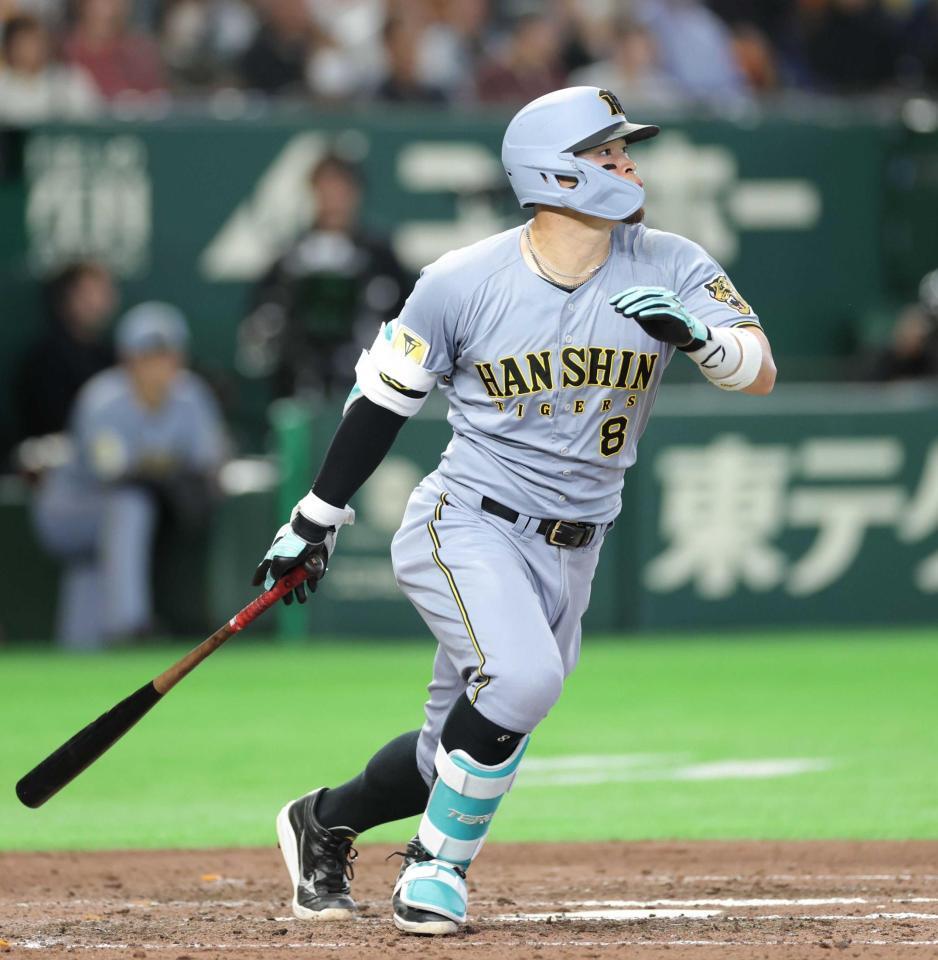 　８回、右前適時打を放つ佐藤輝（撮影・西岡正）
