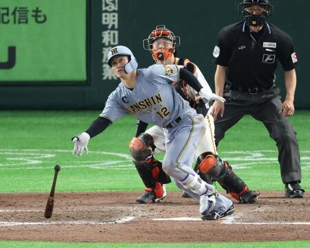 ９回阪神２死二、三塁、２点三塁打を放つ阪神・坂本誠志郎＝東京ドーム（撮影・金田祐二）