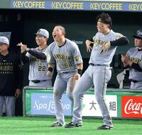 　８回、木浪の勝ち越し打に沸く（左から）藤川監督、中川、森下（撮影・金田祐二）