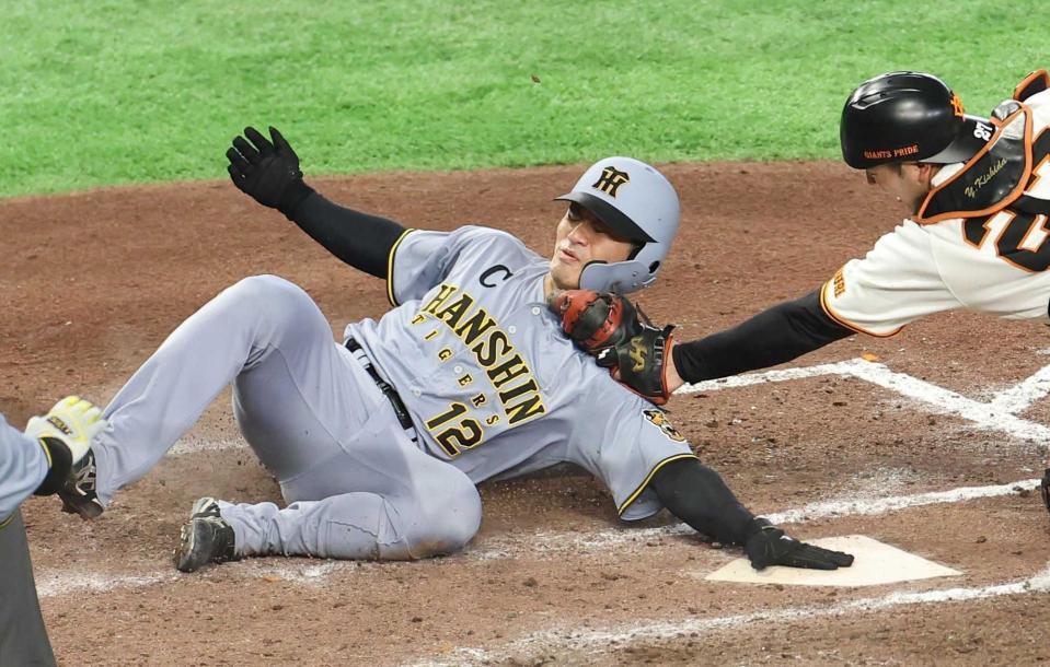 　８回、木浪の内野安打で生還する坂本（撮影・佐々木彰尚）