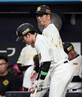 ６回、打席前の高寺に声をかける藤川監督（撮影・田中太一）