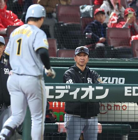 ８回、右邪飛に倒れてベンチに戻る森下（１）と藤川監督（撮影・北村雅宏）