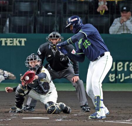 ４回、見逃し三振に倒れるサンタナ（撮影・立川洋一郎）