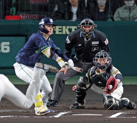６回、空振り三振に倒れる長岡（撮影・立川洋一郎）