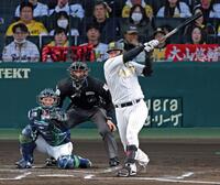 １回、左前打を放つ大山（撮影・立川洋一郎）