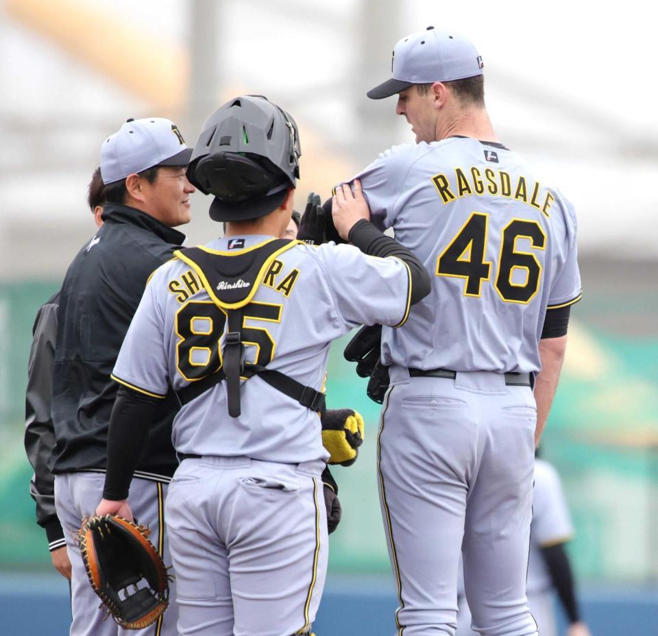 　１回、嶋村（８５）の送球が左腕に直撃し、心配されるラグズデール（撮影・坂部計介）