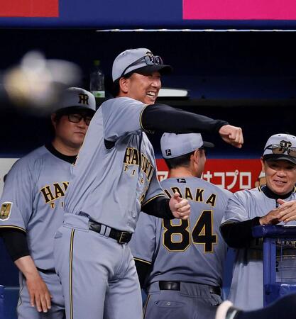 ９回、前川の適時二塁打を喜ぶ藤川監督（撮影・西田忠信）