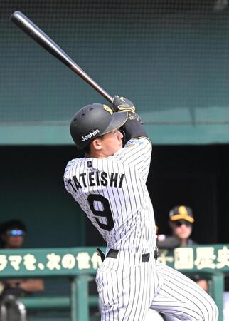 ５回、左飛に倒れる阪神・立石正広＝ＳＧＬ（撮影・高部洋祐）