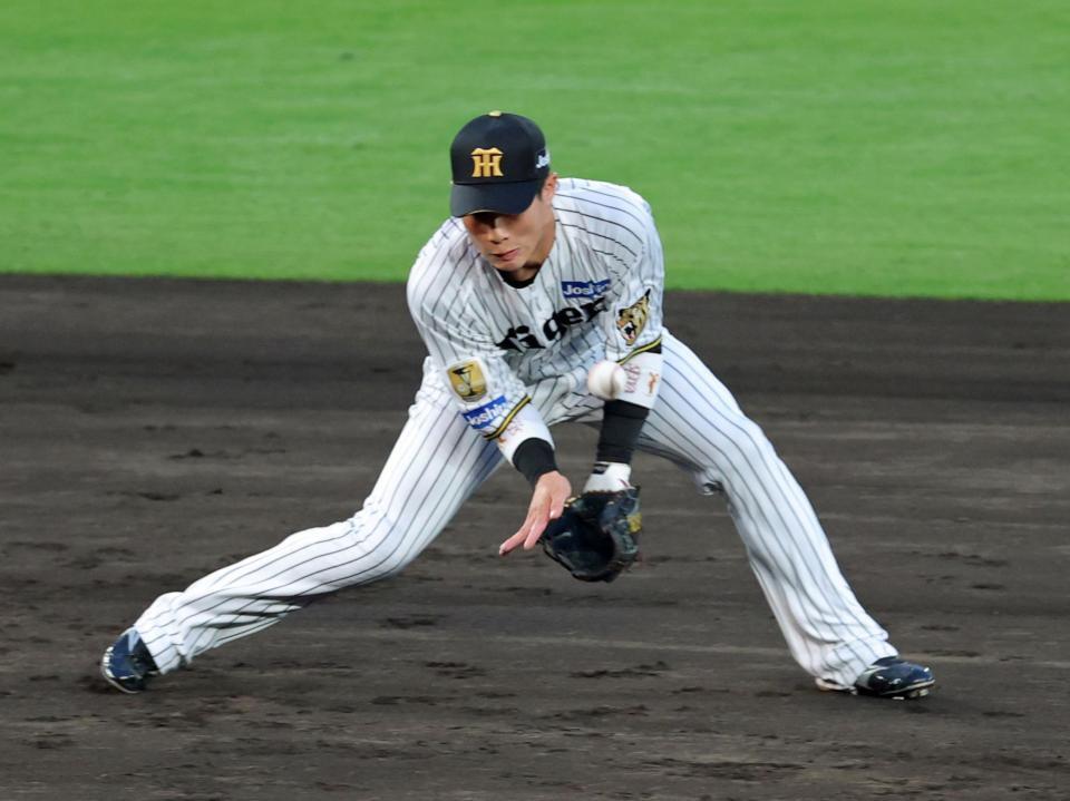 ２回、ダルベックの打球をファンブルする木浪（撮影・立川洋一郎）