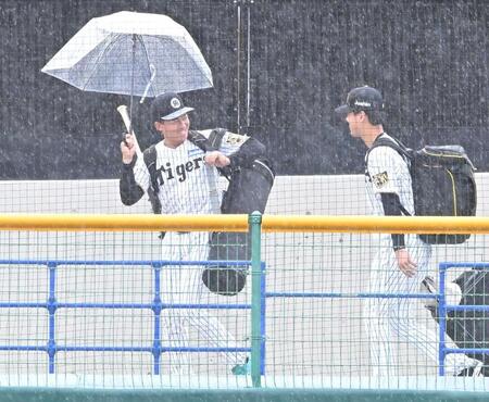雨天中止となり、引き上げる立石（左）＝撮影・高部洋祐