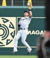 　７回、オスーナの飛球を捕る立石（撮影・高部洋祐）