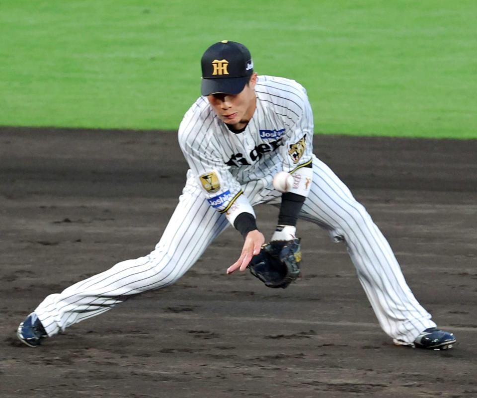 ２回、ダルベックの打球をファンブルする木浪（撮影・立川洋一郎）