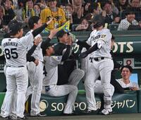 ７回、勝ち越しソロを放った森下を迎える村上ら阪神ナイン（撮影・飯室逸平）