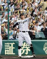 １回、三塁打を放ちベンチにポーズ送る佐藤輝（撮影・山口登）