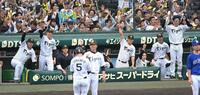 ６回、勝ち越しに沸く阪神ナイン（撮影・飯室逸平）