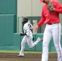 ３回、梅野は左越えに本塁打を放つ（撮影・坂部計介）