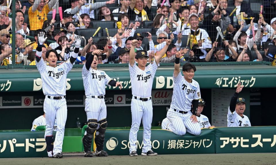 ７回、同点に沸く阪神ナイン（撮影・飯室逸平）
